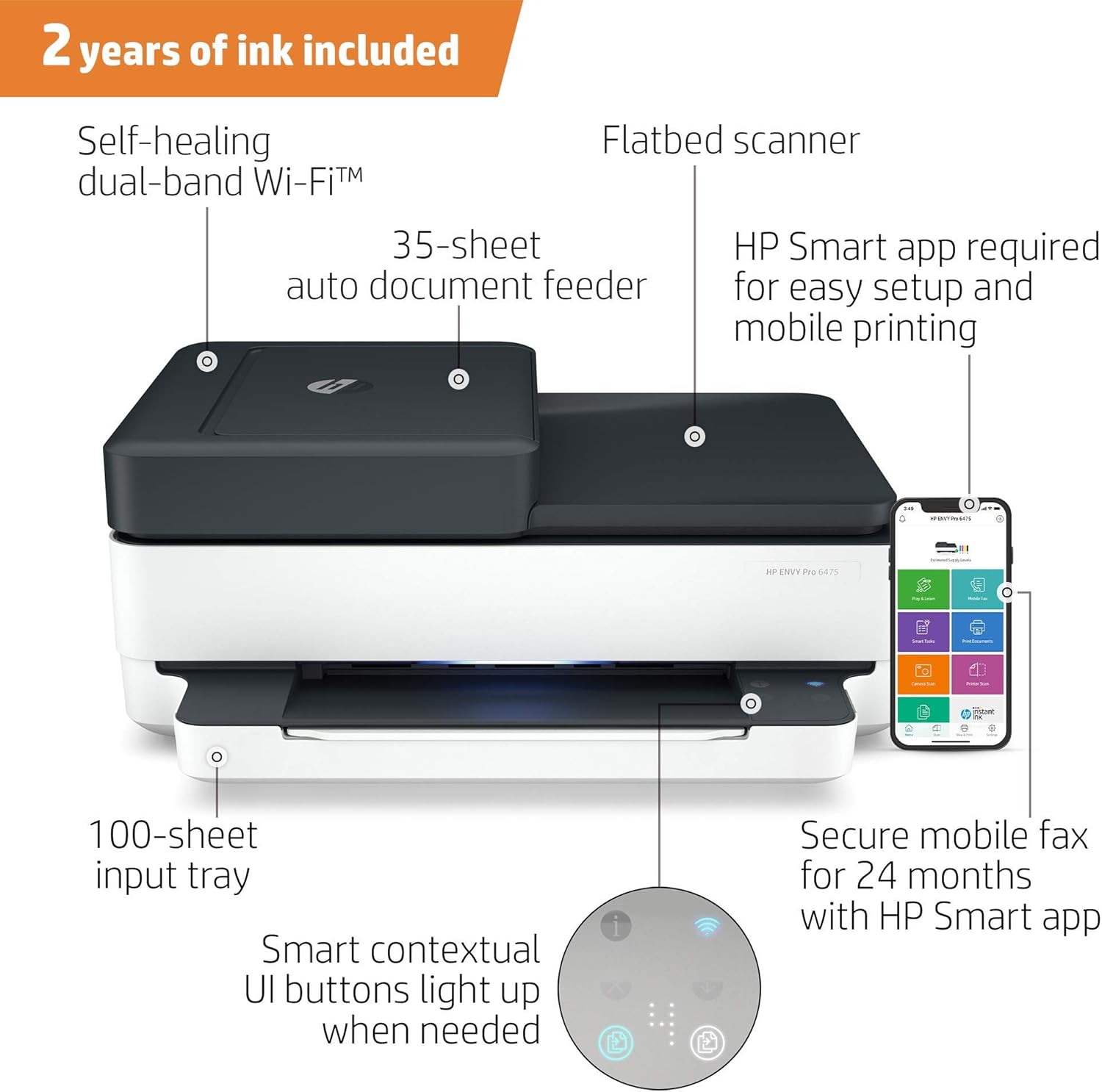 HP Envy Pro 6475 Wireless All-in-One Printer, Mobile Print, Scan & Copy, Compatible with Alexa (8QQ86A) (Renewed)