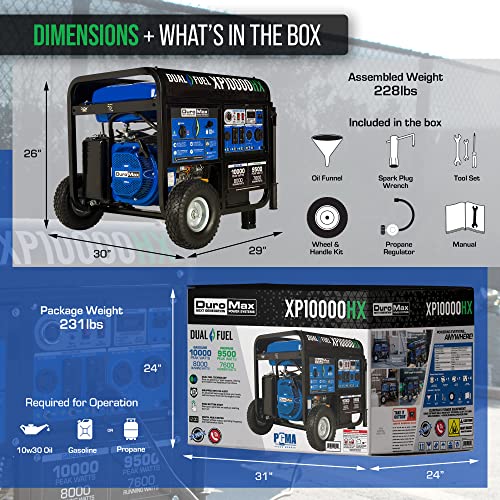 DuroMax XP13000HXT 13,000-Watt 500cc Tri Fuel Gas Propane Natural Gas Portable Generator with CO Alert, Black/Blue
