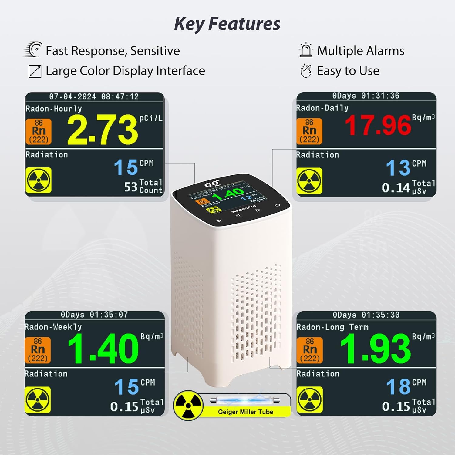 GQ Radon Detector Radon Pro 2-in-1 Radon Monitor Nuclear Radiation Detector Geiger Counter simultaneously detection fast accurate color simple display USA design