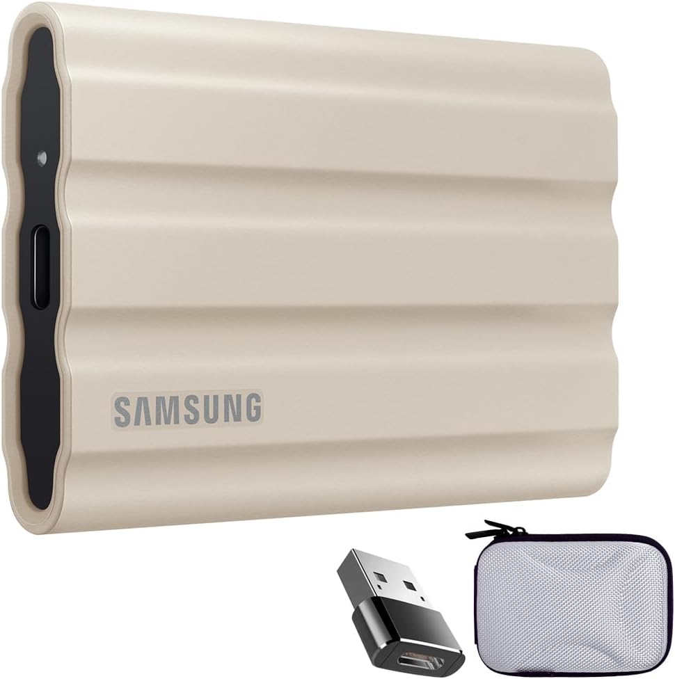 Samsung MU-PE1T0K/AM T7 Shield Portable Solid State Drive 1TB 2022 - Beige Bundle with Converter Adapter Type C Adapter + Vivitar Hard Shell Case (White)