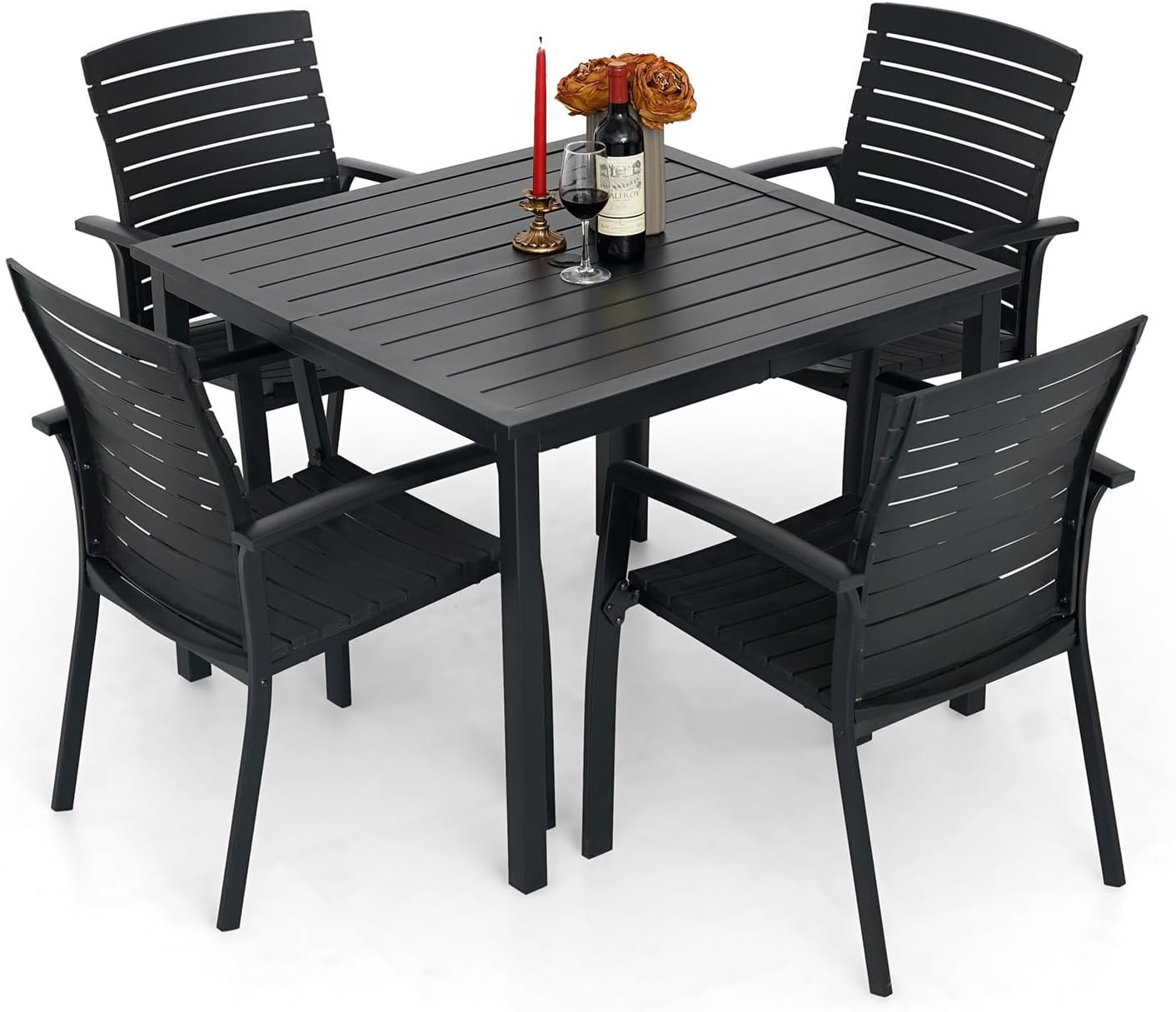 5 Pieces Patio Dining Set Outdoor Furniture with 4 Stackable Aluminum Chairs and Square Table for Yard, Garden, Porch and Poolside Black