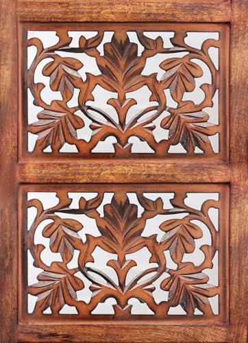 Room Divider Wood Screen - Ghanti Bells Antique Brown - 4 Panel Folding 72 x 80 - Assembled Hand Carved Decorative Functional Versatile Portable Partition Reversible Privacy Boho - COTTON CRAFT