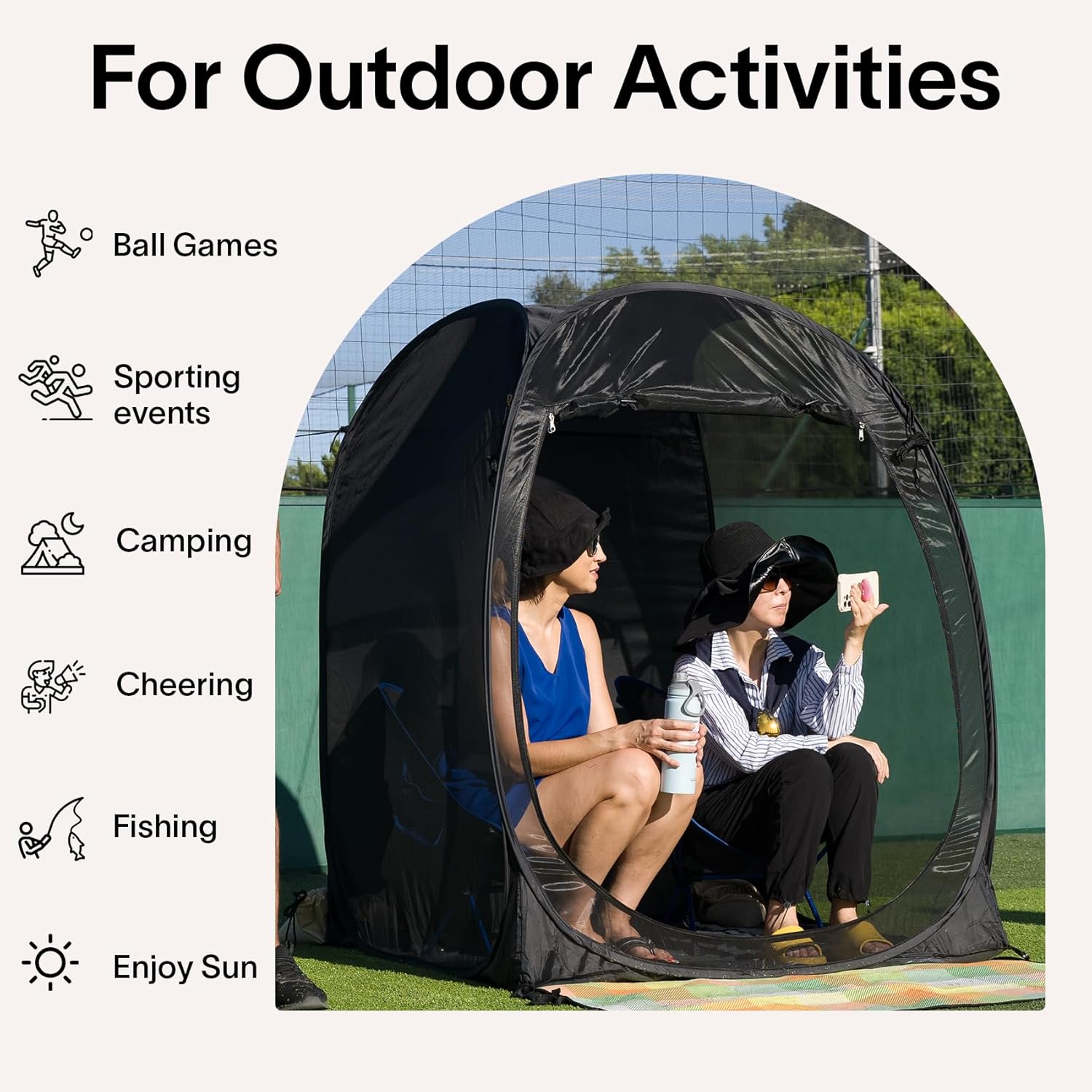 Eighteentek Instant Pop-Up Sports Tent Portable Screen Room Canopy 1-2 Person Pop-up Fine-Gauge Mesh Outdoor Sun Shelter with Carry Bag for Patio, Backyard, Deck & Outdoor Activities, Beige