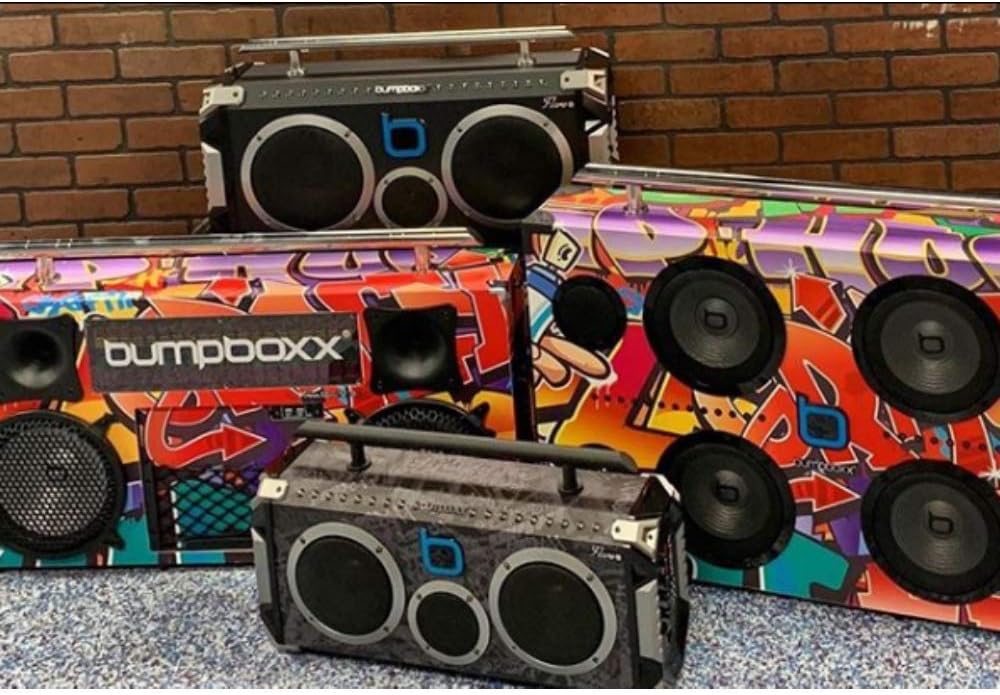 Bumpboxx Bluetooth Portable Speaker Boombox Flare8 Blue | Retro Boombox with Bluetooth Speaker | Rechargeable Lithium Battery | includes Wireless Microphone, Carrying Strap & Remote Control