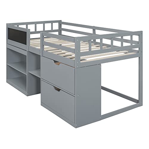 Twin Size Wood Loft Bed with Desk and Drawers, Convertible Shelves, Cabinet and Ladder, for Kids Teens, White