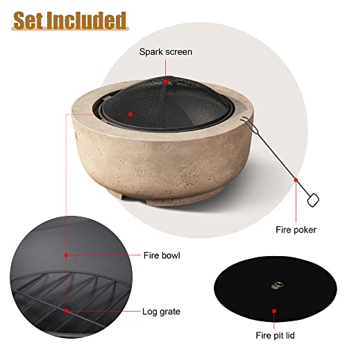 24" Small Round Outdoor FirePit,Concrete Wood Burning Fire Pits Bowl,Faux Stone Clay Firepits Table for Outside Patio,Brown