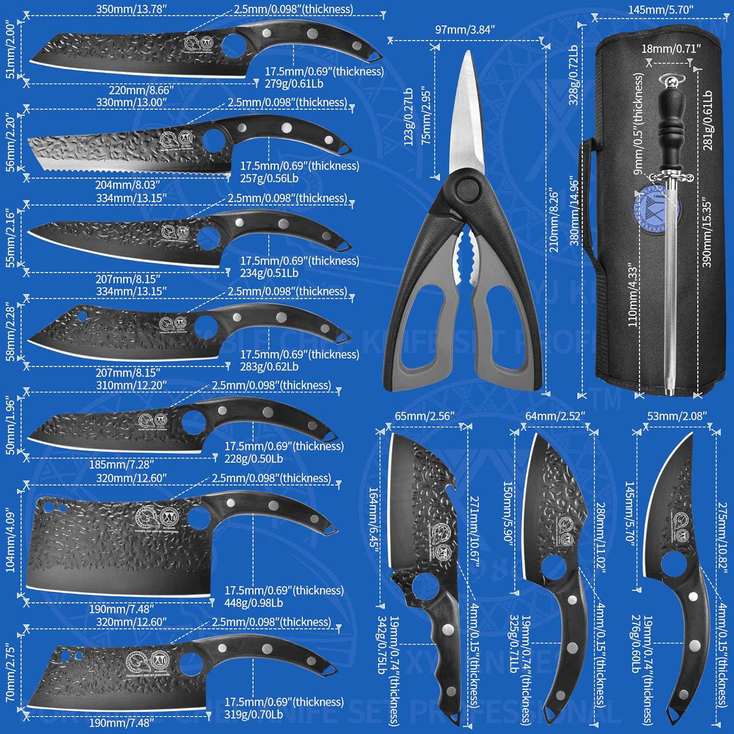 XYJ 10 Pieces Knives Set With Magnetic Knife Block, Bag, Kitchen Knife Set, High Carbon Steel, Full Tang, Black