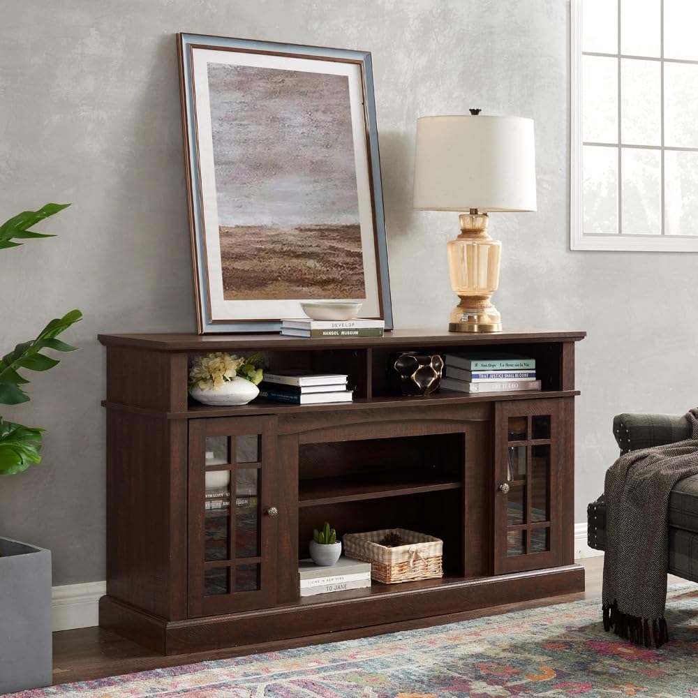 Tv Stand Corner Television Cabinet for Up to 65" with Storage Living Room Entertainment Center Console Table Brown Classic Mid-Century Modern MDF Veneer Textured