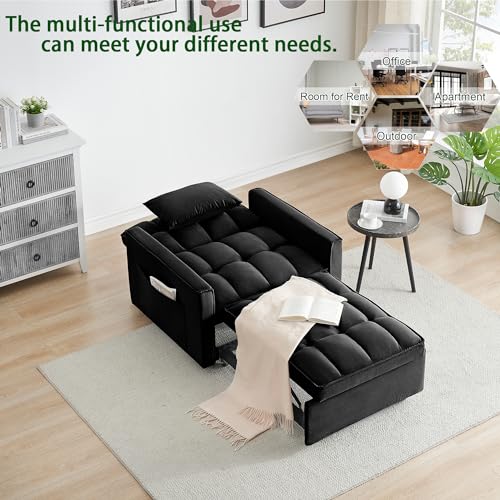 Convertible Chair Bed Sleeper 3 in 1 with Adjustable Back for Adults,Velvet Pull Out Folding Recliner Chair Bed,Single Sleeper Sofa with Pillow & Pocket for Living Room Apartment Small Spaces (White)