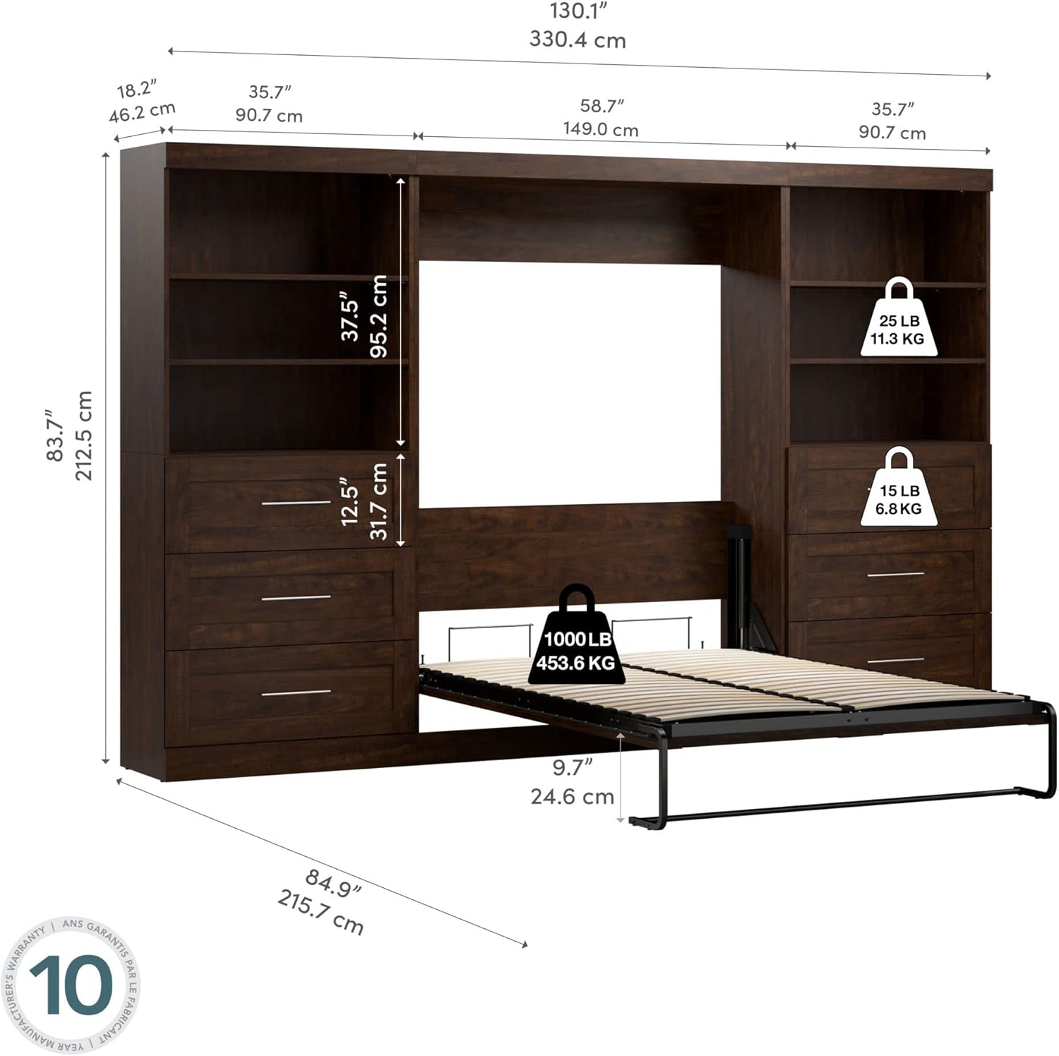 BESTAR Pur Murphy, Space-Saving Wall Bed for Multi-purpose Room, FULL, Chocolate