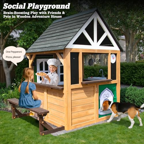 Kids Playhouse Outdoor,Wooden Play House Playset for Kids, Large, Sturdy, Realistic Design with Kitchen, Doorbell, Flower Pot, Stove, Sink & Clock, Perfect for Kid Ages 3-8 (Gray)