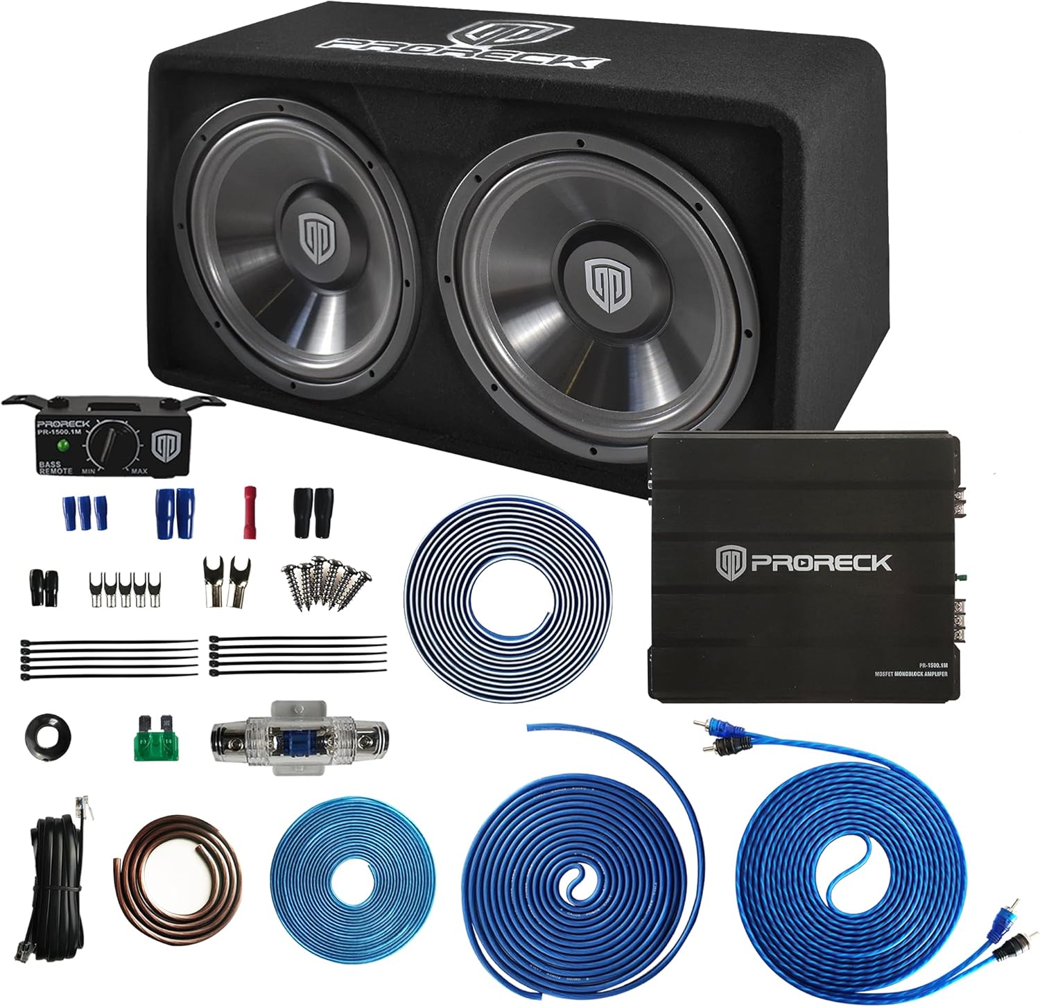 PRORECK PR-122M Complete 1500W Dual 12" Car Subwoofer, includes Loaded Enclosure with Mono Block Amplifier,Wiring Installation Kit