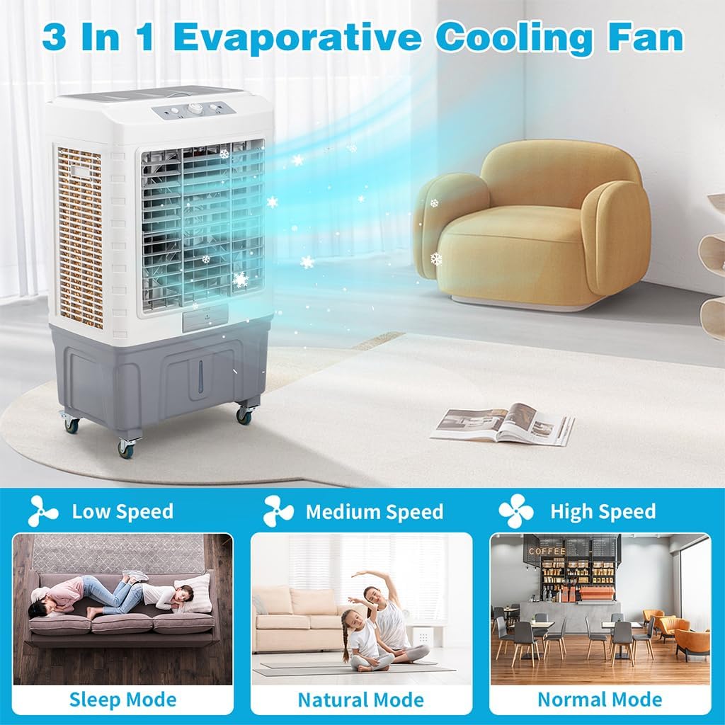 Swamp Cooler, 4188CFM Evaporative Air Cooler with 13.2 Gallon Water Tank, Remote Control, 12H Timer, 3 Modes & Speeds, 90° Oscillation, Portable 3-IN-1 Cooling Fan for Office/Room/Garage/Kitchen