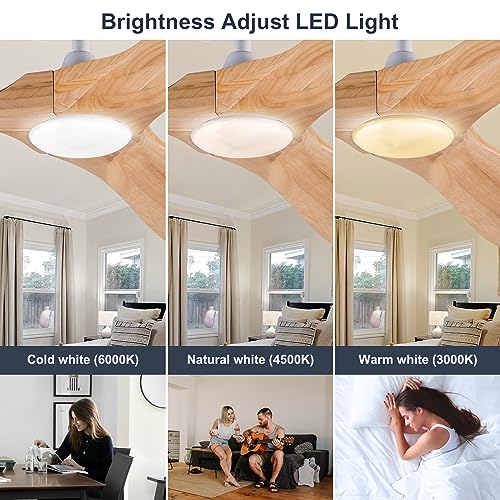 BOOMJOY 52 Inch Wood Ceiling Fan with Lights Remote Control, 3 Color Temperatures and 6 Speed Reversible Blades, Indoor Outdoor Ceiling Fan for Bedroom Living Room Study Patios