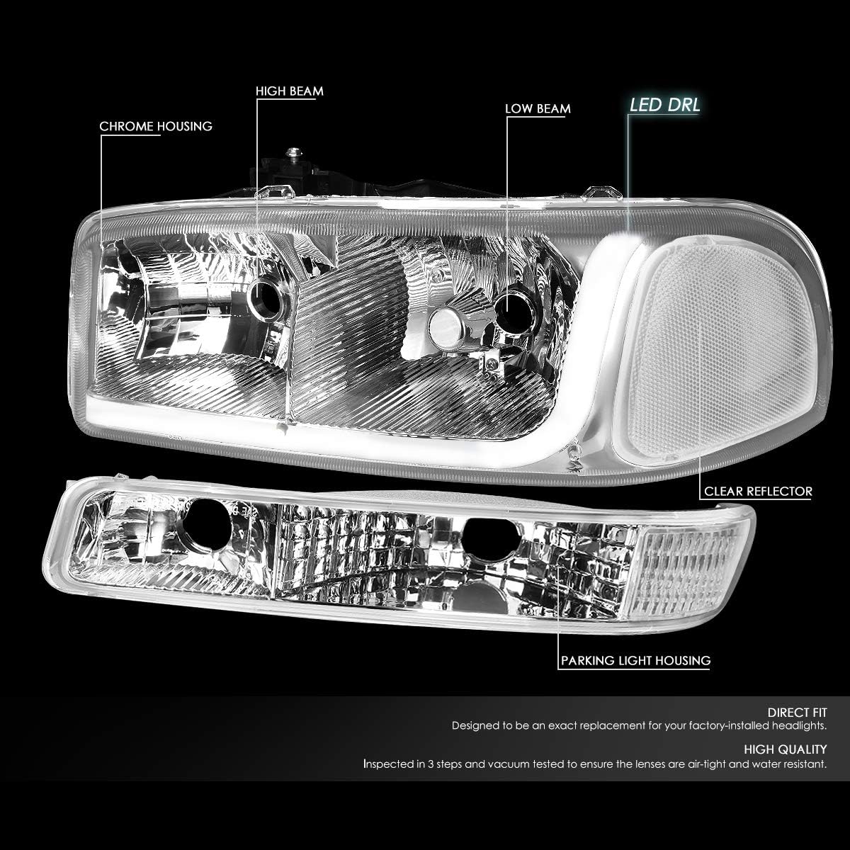 DNA Motoring HL-LB-SIERRA99-CH-CL1 4PCs LED DRL Strip Headlight+Bumper Lamp[99-07 GMC Sierra/Yukon],Chrome Clear