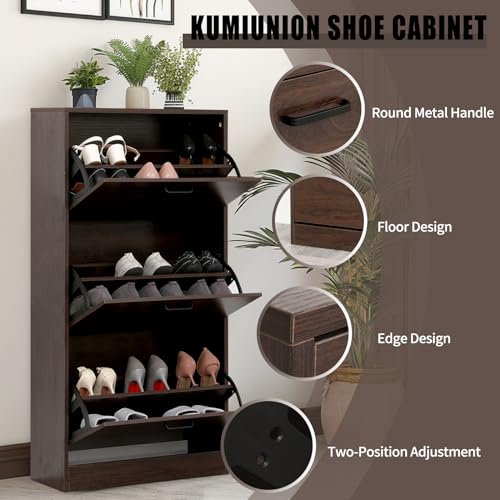 Farmhouse Shoe Cabinet, 2 Flip Drawers & Top Fence, Suitable for Entryways, Free-Standing Storage Shelves with Metal Legs, Narrow Shoe Organizer for Heels, Boots, Slippers, Walnut Brown