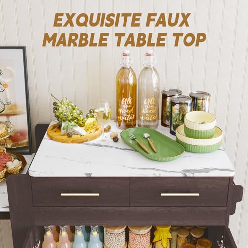 HLR Extendable Kitchen Island on Wheels, Rolling Kitchen Island Cart with Power Outlet, Marble Grain Top Kitchen Island Table with Storage Cabinet and Drawers, Island Table for Kitchen