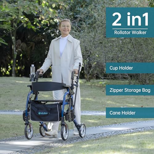 ELENKER 2 in 1 Rollator Walker & Transport Chair for Seniors, Folding Rolling Walker Wheelchair Combo with Wide Seat and Shock Absorber, Red
