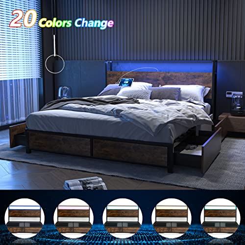 Gitua Full Size Bed Frame with Storage Drawers - Led Lights and Charging Station Metal Bed Frame with Headboard, No Box Spring Platform Bed Frame Wood, Rustic Brown