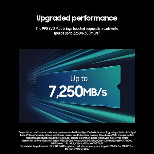 Samsung 990 EVO Plus SSD 4TB, PCIe Gen 4x4 | Gen 5x2 M.2, Speeds Up-to 7,250 MB/s, Upgrade Storage for PC/Laptops, HMB Technology and Intelligent Turbowrite 2.0, (MZ-V9S4T0B/AM)