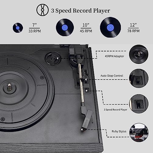 9 in 1 Record Player with External Speakers,3 Speed Bluetooth Turntable Vinyl Player with CD/Cassette Play,AM/FM Radio, USB SD/MMC Play, Aux-in/RCA Line Out