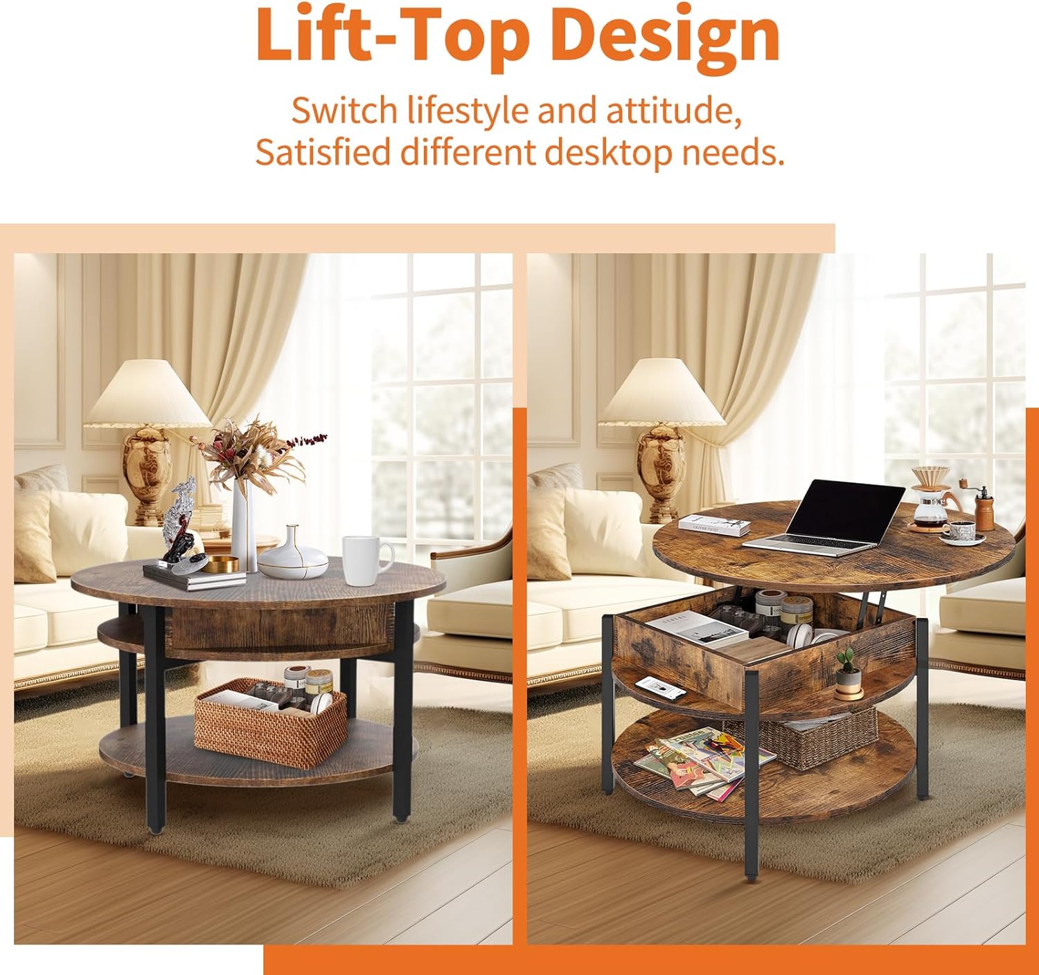 CLATINA Round Lift Top Coffee Table, Farmhouse Wooden Round Coffee Table with Storage and Hidden Compartment for Living Room Home Office Round Center Tables, 35.43 in(Rustic Brown)