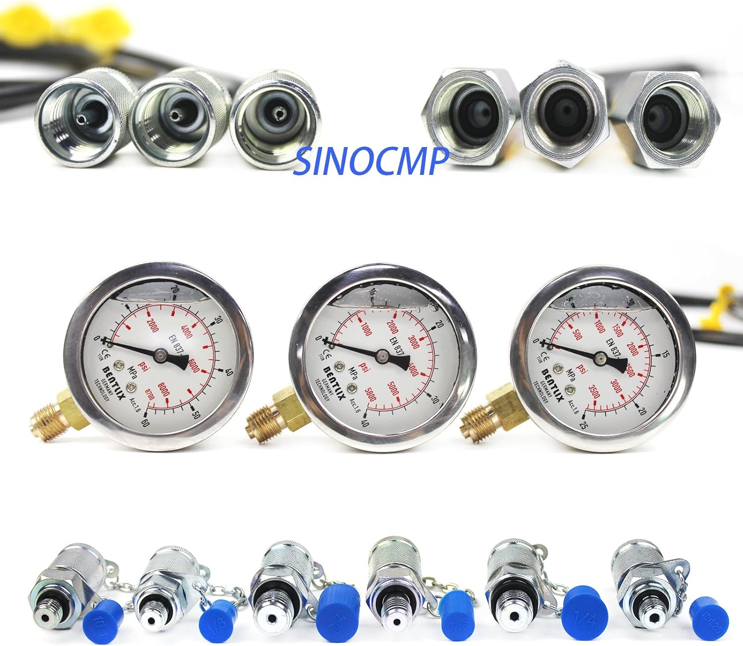 Upgraded Version Hydraulic Pressure Gauge Kit - SINOCMP Excavator Hydraulic Kit Stainless Steel Pressure Gauge Test Gauge Kit for Excavators, 2 Years Warranty