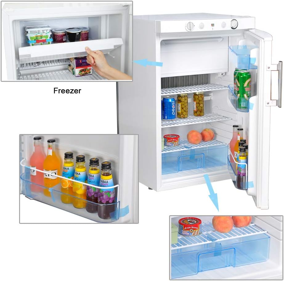 SMETA RV Propane Refrigerator with Freezer 12V/110V/Gas LPG, No Noise, RV Fridge for Dorm Office Garage Motorhome Caravan, Single Door, 3.5 Cu.Ft, White