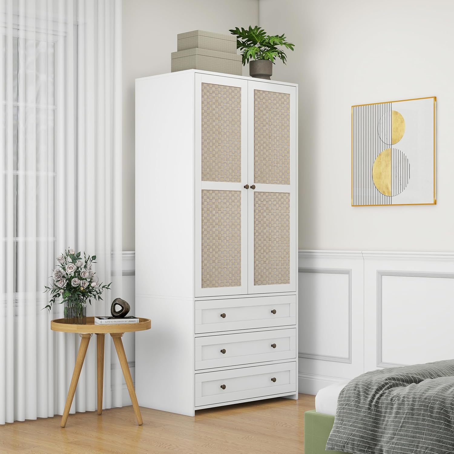 Bedroom Armoire Wardrobe Closet with Rattan Door, Bedroom Armoire Cabinet with Hanging Rod and 3 Drawer,Wooden Tall Wardrobe Cabinet Closet for Bedroom