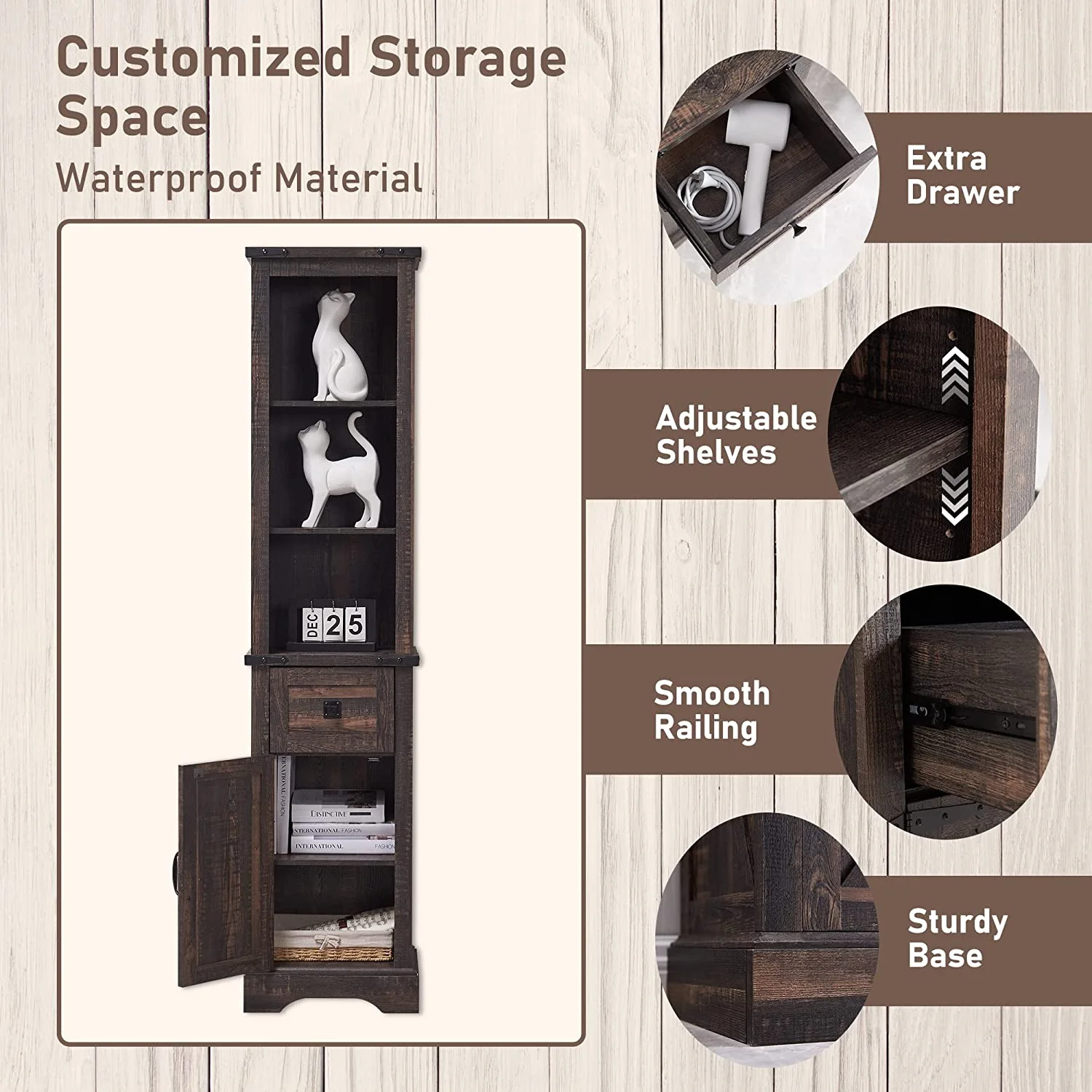 OKD Bathroom Storage Cabinet, Narrow Tall Cabinet Storage Tower with Door and Drawer, Dark Rustic Oak