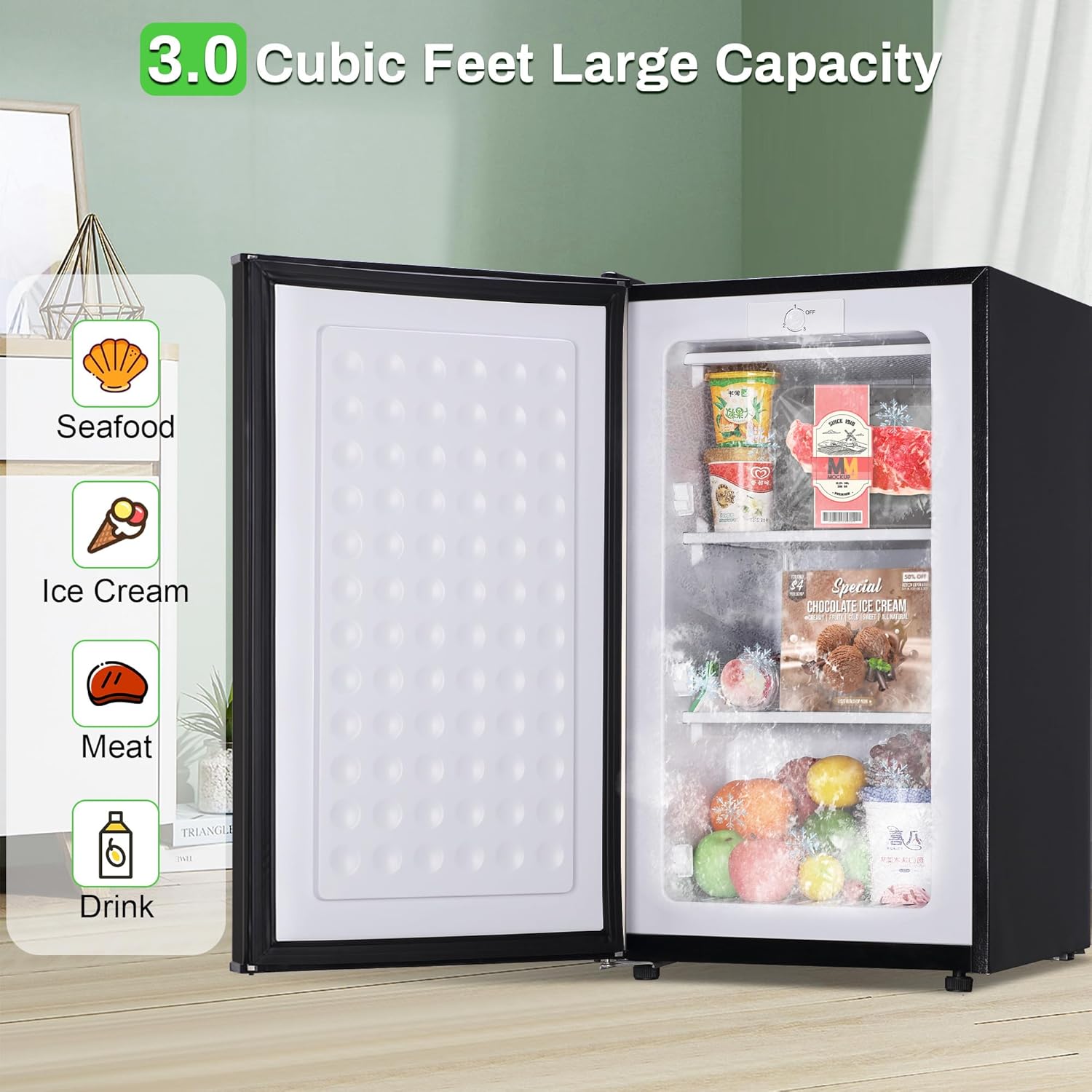Mini Freezer, 3.0 Cu.Ft Upright Freezer, Small Freezer with 3-Layer Condenser Tube, Reversible Door, Standing Compact Freezer for Home, Kitchen, Office, Apartment(Black)