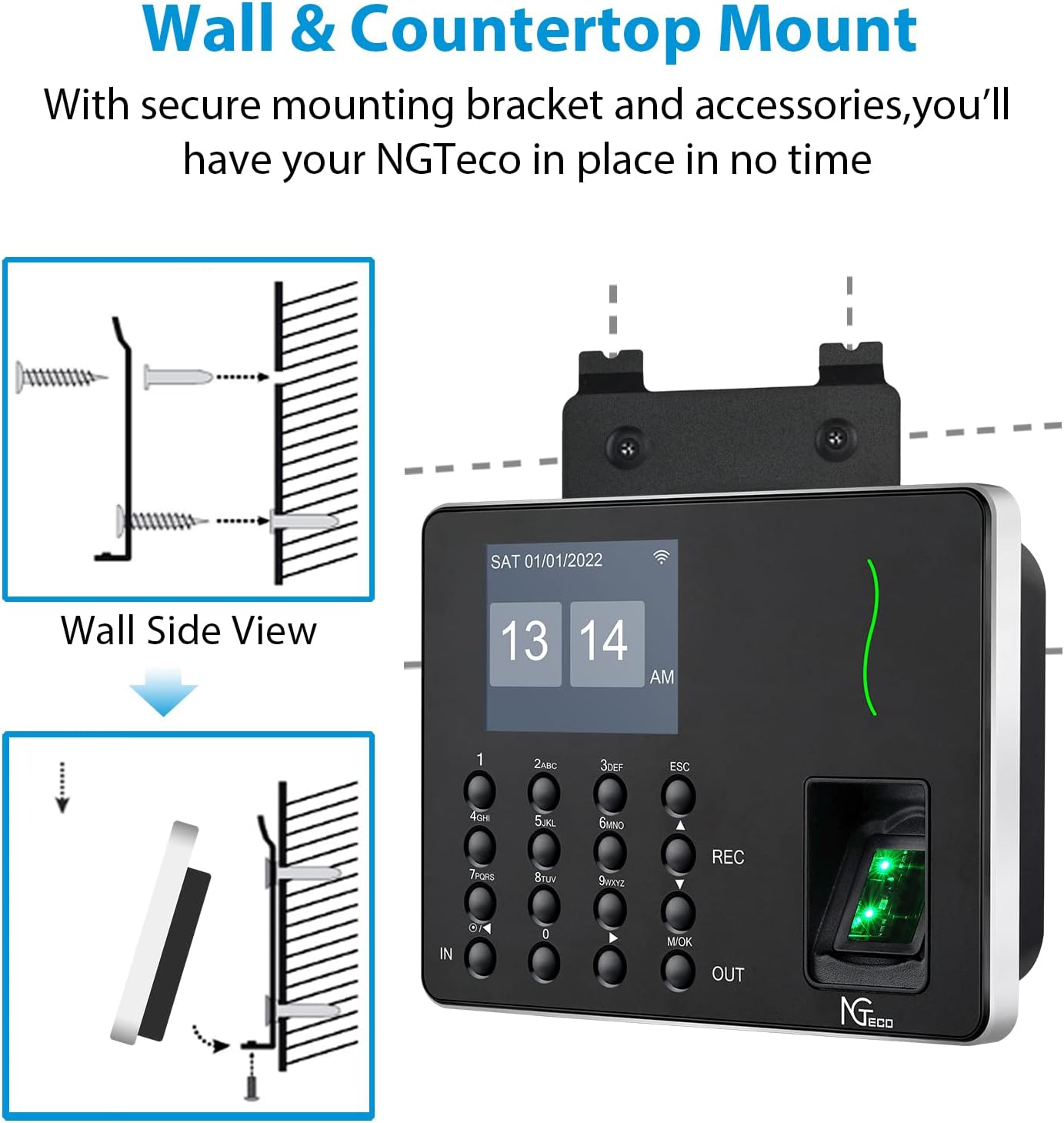 Time Clocks for Employees Small Business, NGTeco W3 WiFi Biometric Fingerprint Time Card Machine, Office Punch Clock Automatic in and Out with APP for iOS Android (0 Monthly Fees)