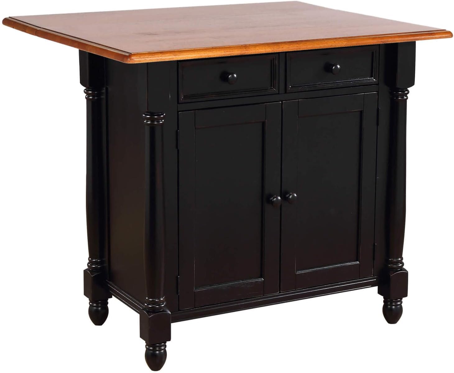 Antique Black Expandable Kitchen Island with Cherry Drop Leaf Top, Drawers and Cabinet