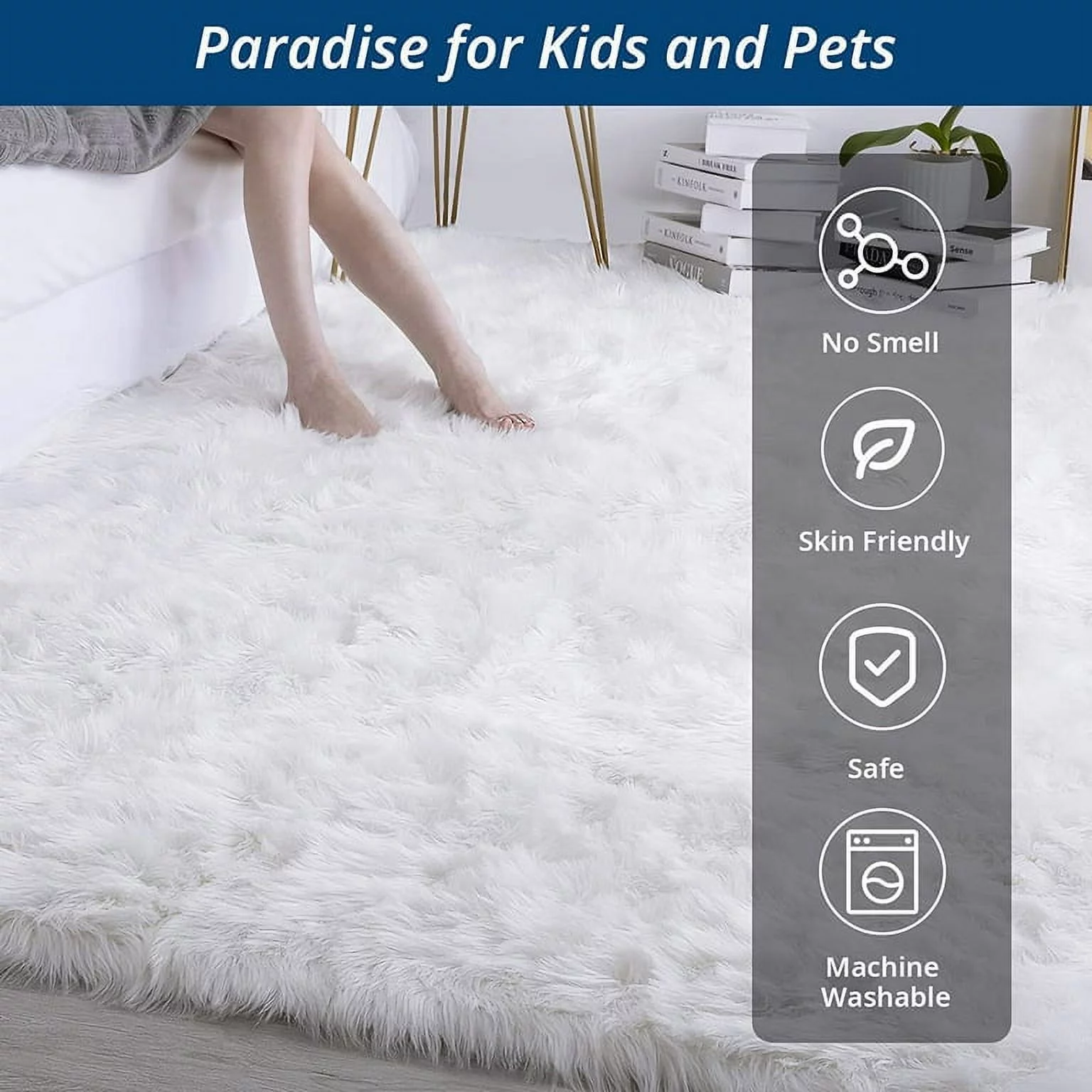 Sanmadrola Faux Sheepskin Area Rugs Fluffy Shaggy Rug Ultra Soft Faux Fur Carpets Rug Fluffy Washable Rug for Bedroom, Nursery Room,Luxury Living Room Decor White 4x6 Ft