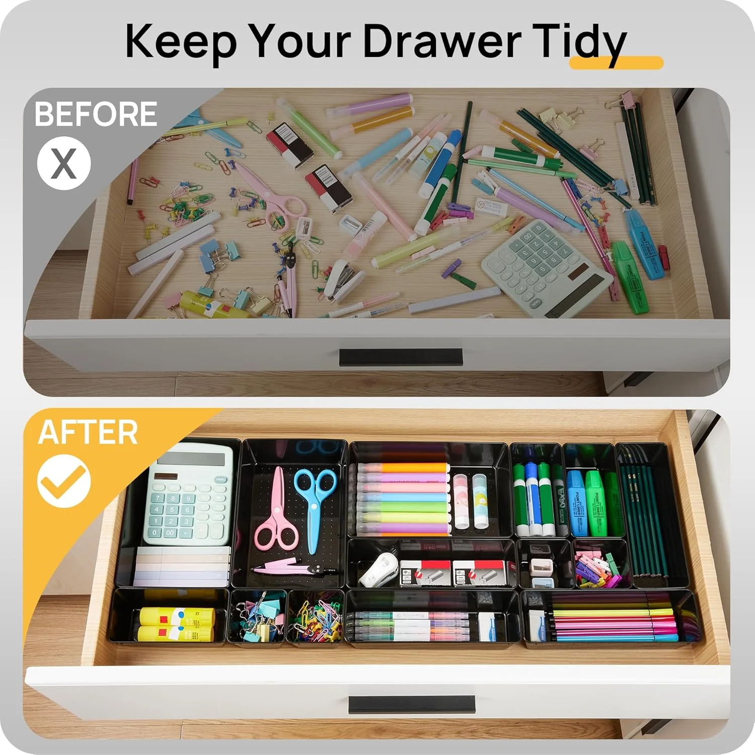 25 PCS Plastic Drawer Organizers Set, 4-Size Versatile Bathroom and Vanity Drawer Organizer Trays, Storage Bins for Makeup, Bedroom, Kitchen Gadgets Utensils and Office