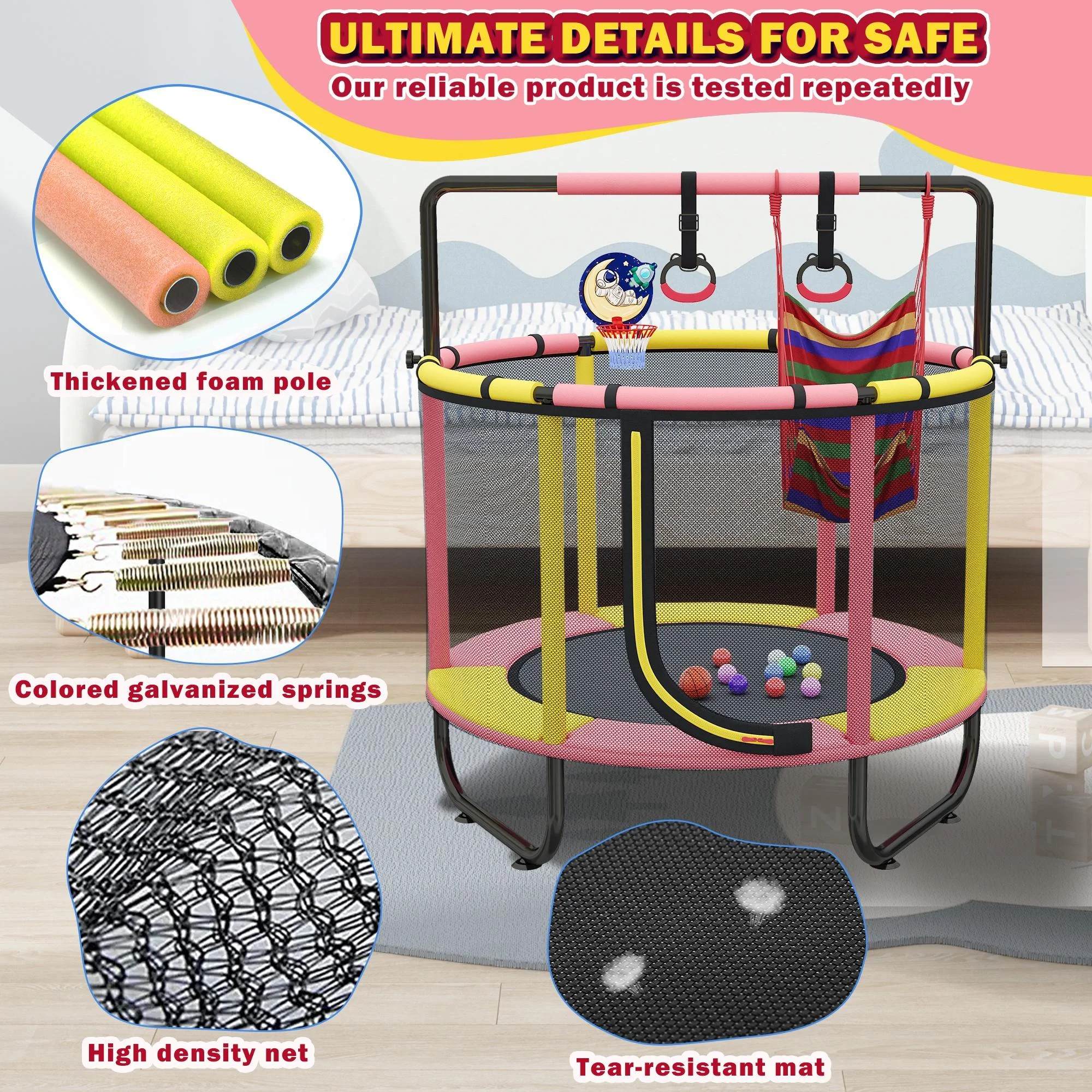 55'' Mini Trampoline for Kids, Small Toddler Trampoline with Enclosure, Indoor Outdoor Trampoline with Basketball Hoop, Adjustable Bar and Rings, Swing and Boxing Bag