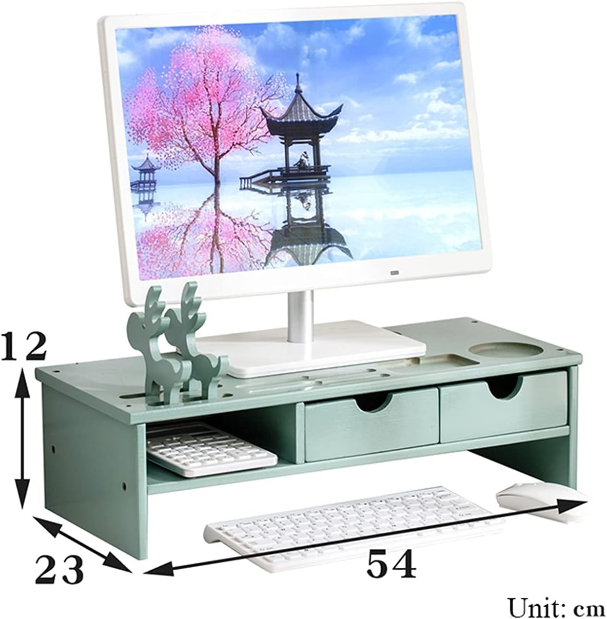 Bamboo Wood Monitor Stand Ergonomic Computer Riser 2-Tier Drawers Adjustable with Storage Organizer Drawers Desktop Laptop Shelf Risers Cellphone Stand for Home and Office Use