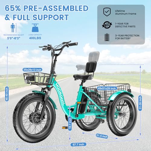MOONCOOL Electric Tricycle Trike for Adults 350W 36V Removable Battery 24/26 Inches 7 Speeds 3 Wheels Electric Bikes Bicycle for Adults, Three Wheel Electric Cruiser Tricycle