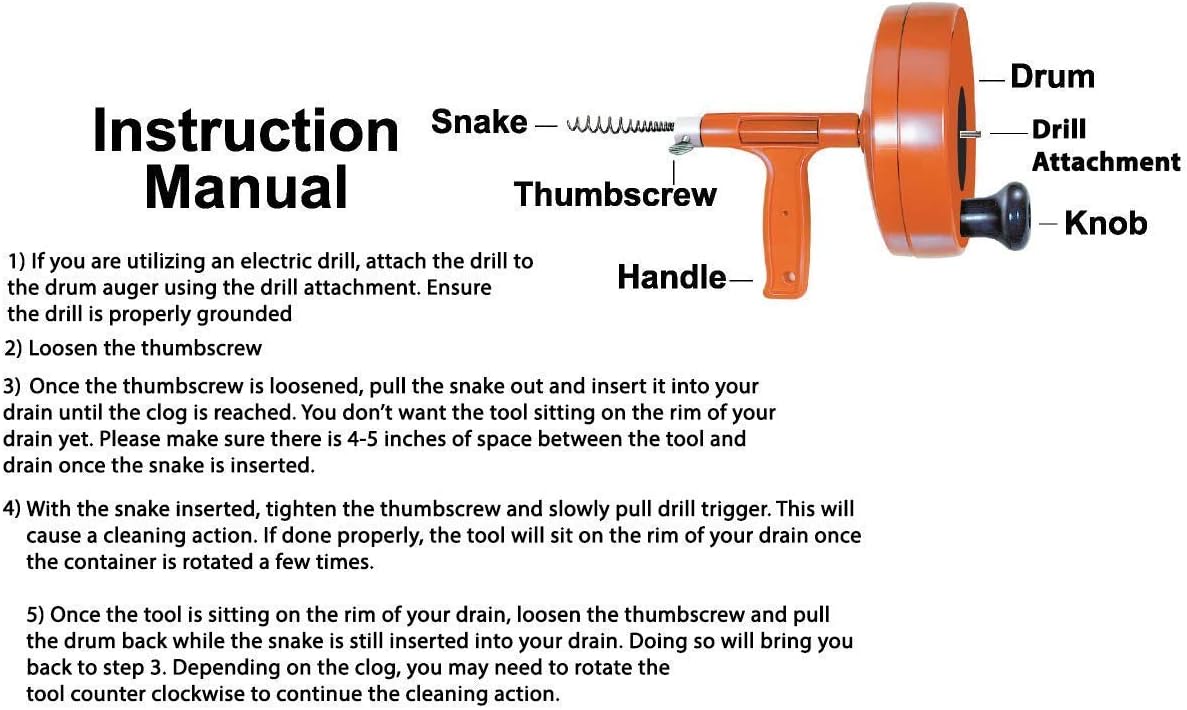 DrainX 50-FT Steel Power Pro Drum Auger Plumbing Snake with Drill Attachment | Use Manually or Powered | Heavy Duty Cable with Work Gloves and Storage Bag Included