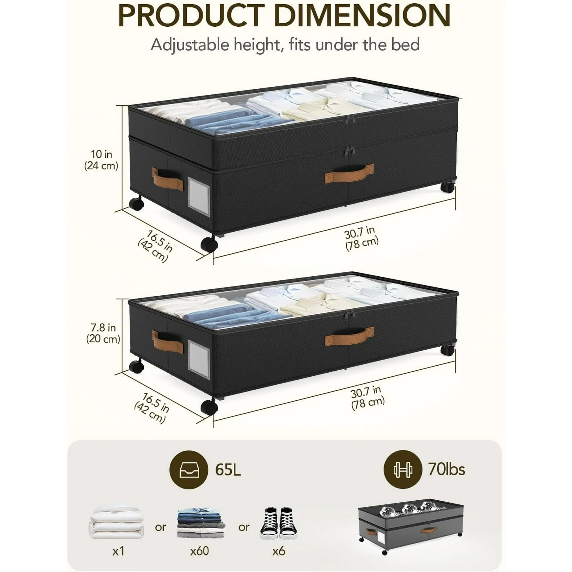 4 Pack Under Bed Storage with Wheels, Adjustable Height Storage Containers, 10 inches Large Capacity Rolling Underbed with Lids, Storage Drawers Shoes, Clothes, Blankets, Black