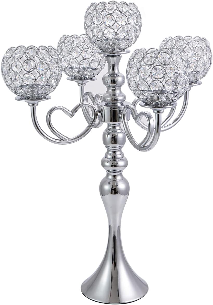 VINCIGANT 5 Arms Gold Candelabra / Crystal Candle Holders for Wedding Home Holiday Table Centerpieces Decoration