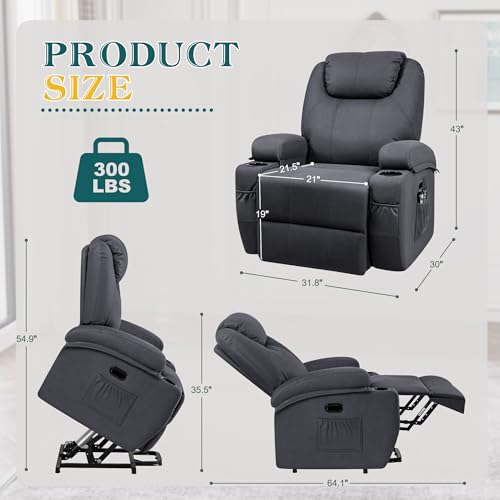 Flamaker Power Lift Recliner Chair PU Leather with Massage for Elderly Ergonomic Lounge Chair Classic Single Sofa with 2 Cup Holders Side Pockets Home Theater Seat (Leather, Light Black)