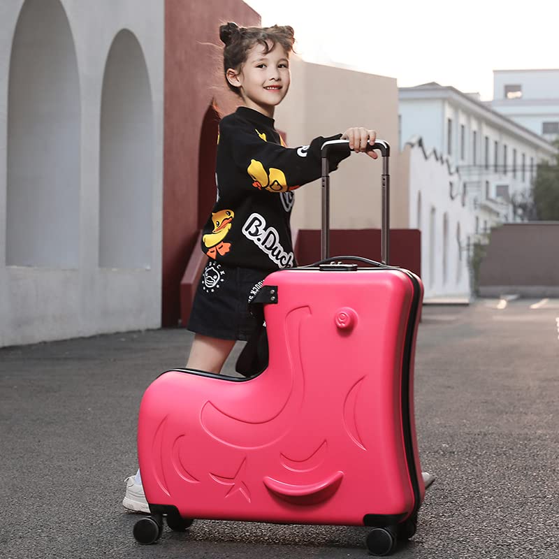 AOWEILA Hardside Ride on Kids Luggage with 4 Spinner Wheels for Girls and Boys, Rolling Childrens Travel Suitcase with Seat and Safety Belt for Toddler Ages 2-12 (Yellow, 25-Inch Versatile Checked)