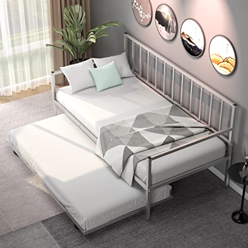Giantex Twin Daybed with Trundle, Metal Twin Size Daybed with Pullout Trundle w/ 4 Casters, Metal Slat Support Sofa Bed for Kids Teens Adults Living Room, Guest Room, No Box Spring Needed, Silver