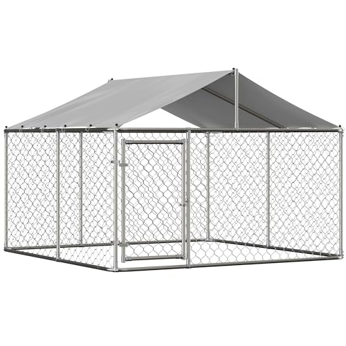 13.1x13.1x7.6 FT Outdoor Dog Kennel, Large Heavy Duty Galvanized Steel Dog Cage with Waterproof Cover, Dog Fence House w/Secure Lock, Anti Rust Dog Enclosure Playpen for Backyard, Silver