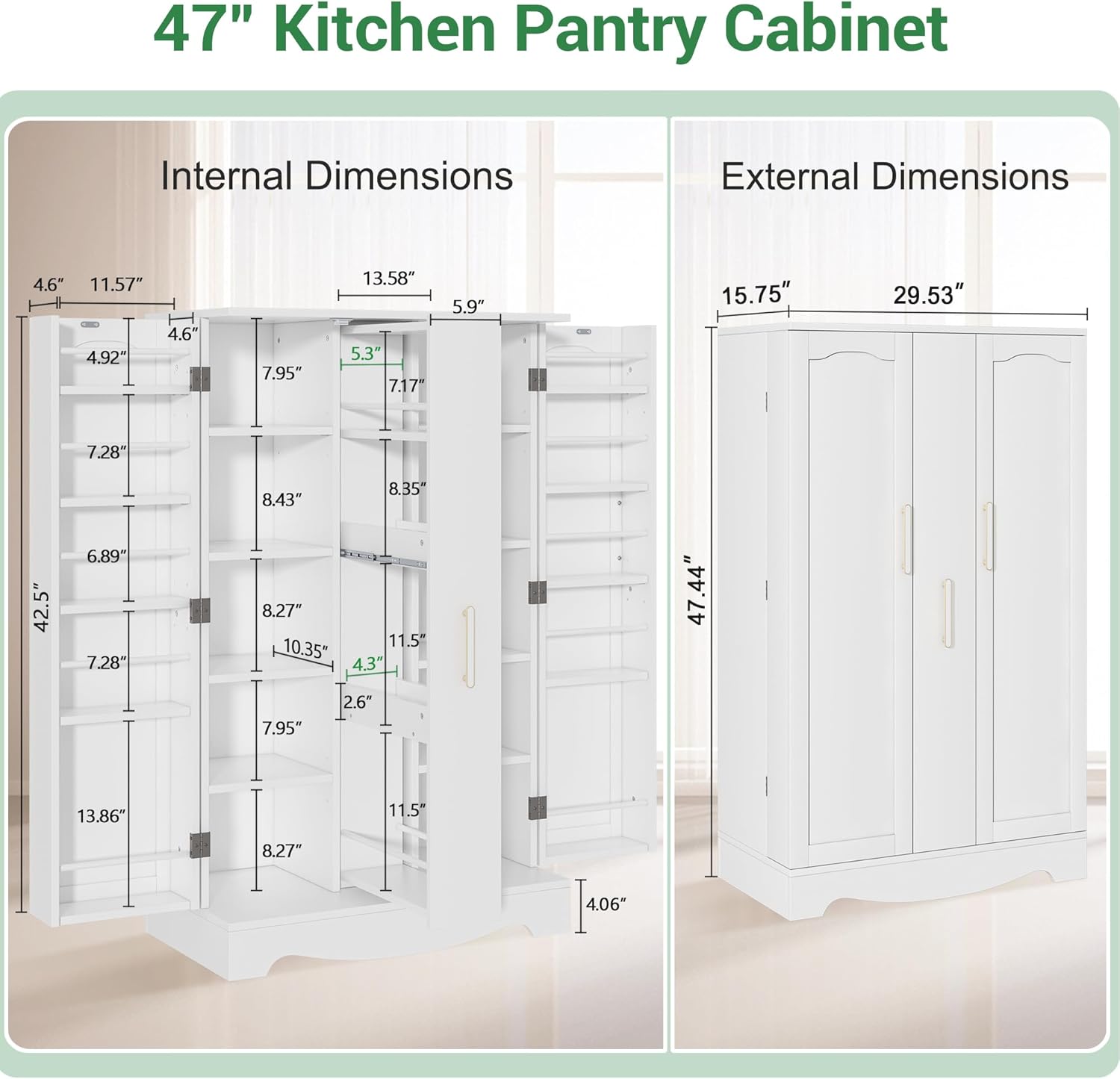47” Kitchen Pantry Cabinet with Drawer, Pantry Storage Cabinet with Adjustable Shelves, White Kitchen Pantry Storage Cabinet, Buffet Cupboards Sideboard for Home Office Use