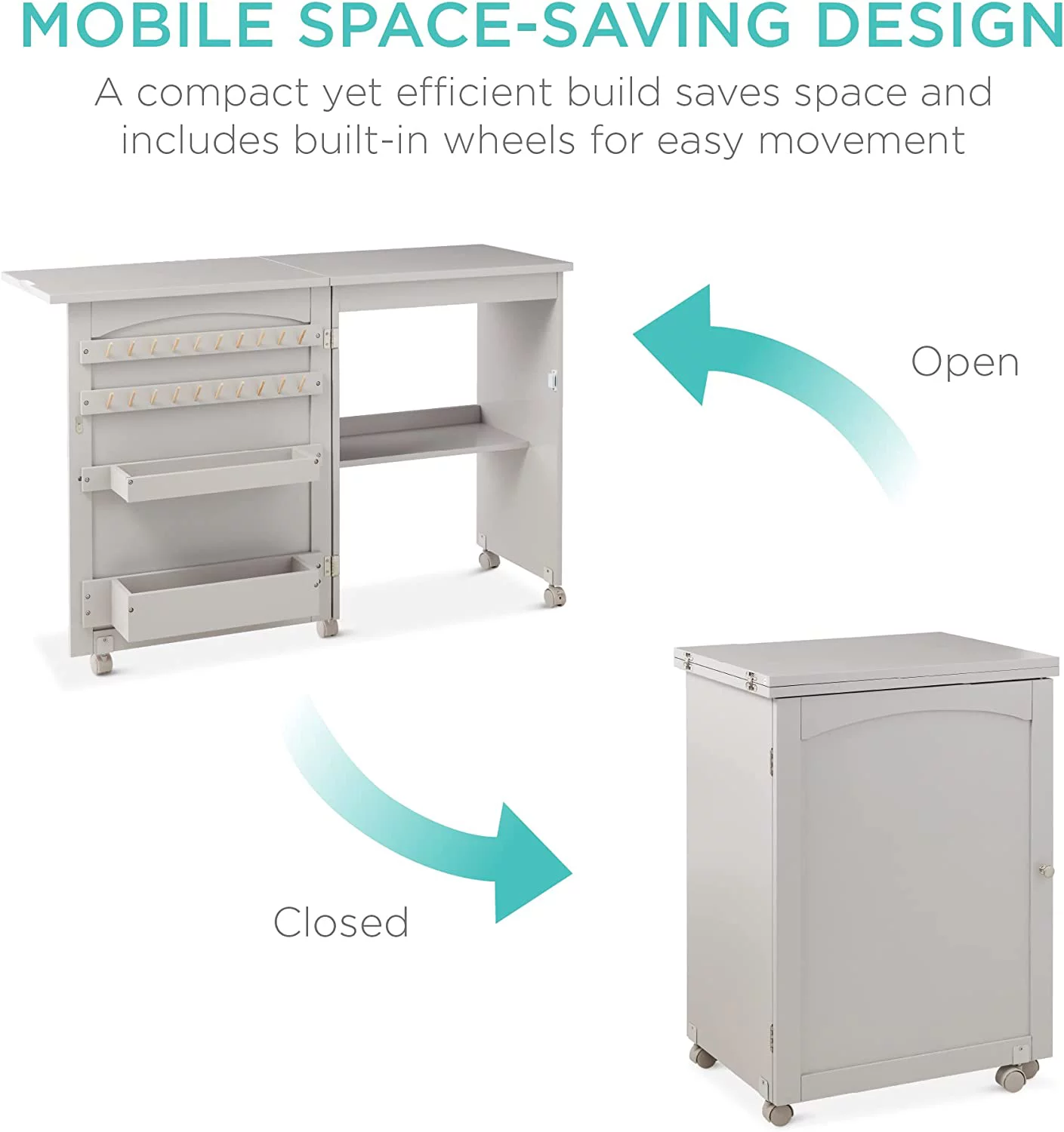 Folding Sewing Table Multipurpose Craft Station & Side Desk with Compact Design, Wheels, Shelves, Storage Trays, Pegs, Magnetic Doors, Metal Doorknobs - Gray