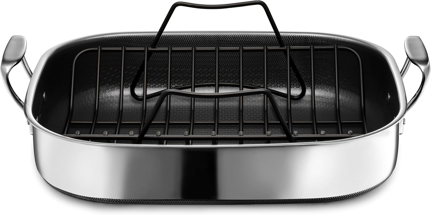 HexClad Hybrid Nonstick Roasting Pan with Rack, Dishwasher-Friendly and Oven-Safe Up to 900°F, Compatible with All Cooktops