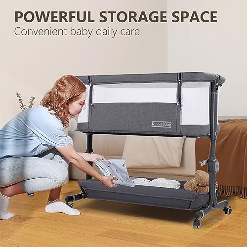 Kinder King Portable Baby Bassinet w/Carry Bag, Newborn Bedside Crib Sleeper, Adjustable Height, All-Sided Mesh Infant Travel Crib, Removable Mattress, Storage Space, No Tool to Assemble, Pink