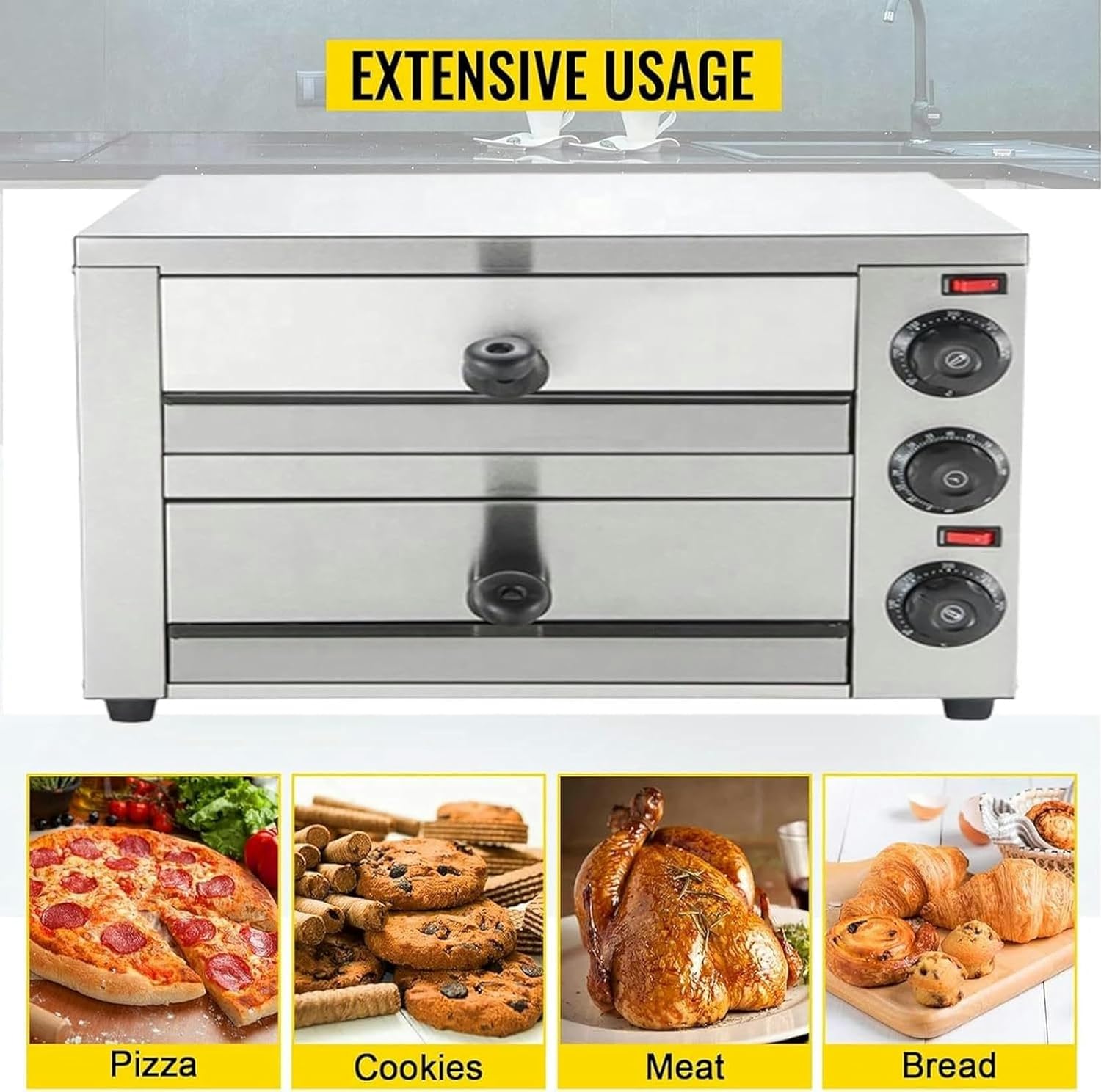Commercial Pizza Oven Countertop,16 Inches Electric Pizza Oven Double Layer Commercial Pizza Oven with Timer Independent Temperature Regulation Stainless Steel